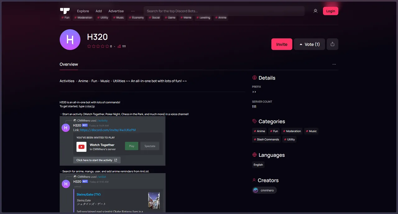 Screenshot of H320 Discord Bot project